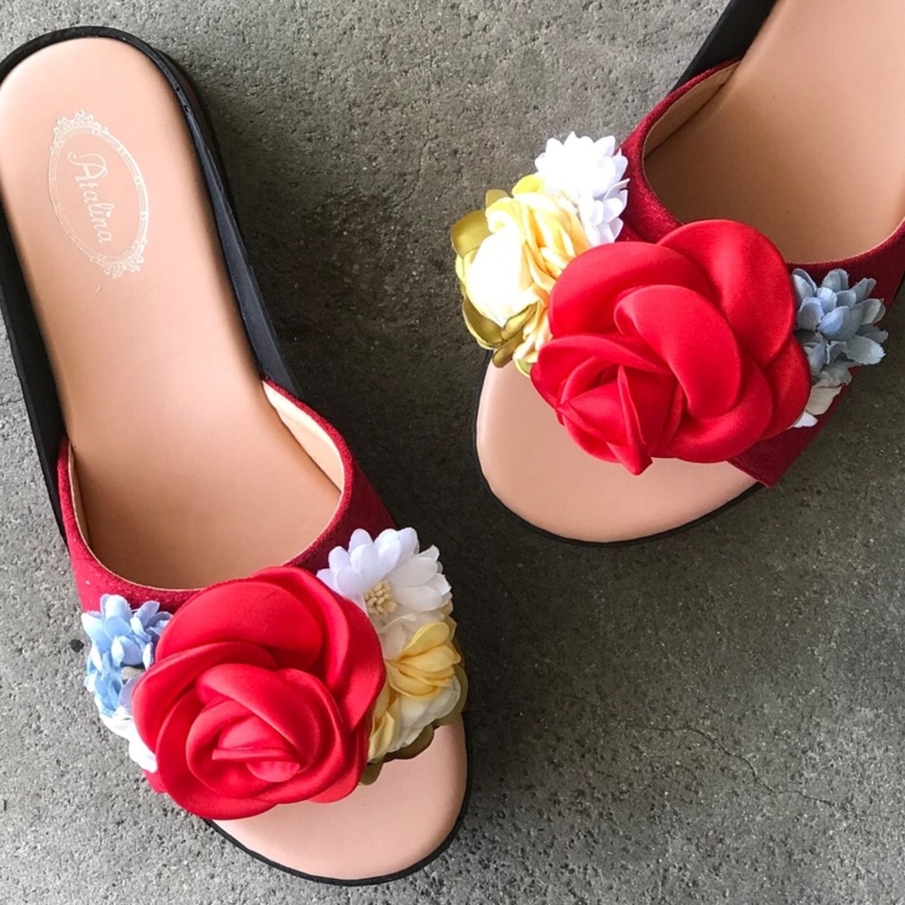 Italina Red Rose 3D Flower Flatform Heeled Wedge Sandal 5.5 - Picture 4 of 14
